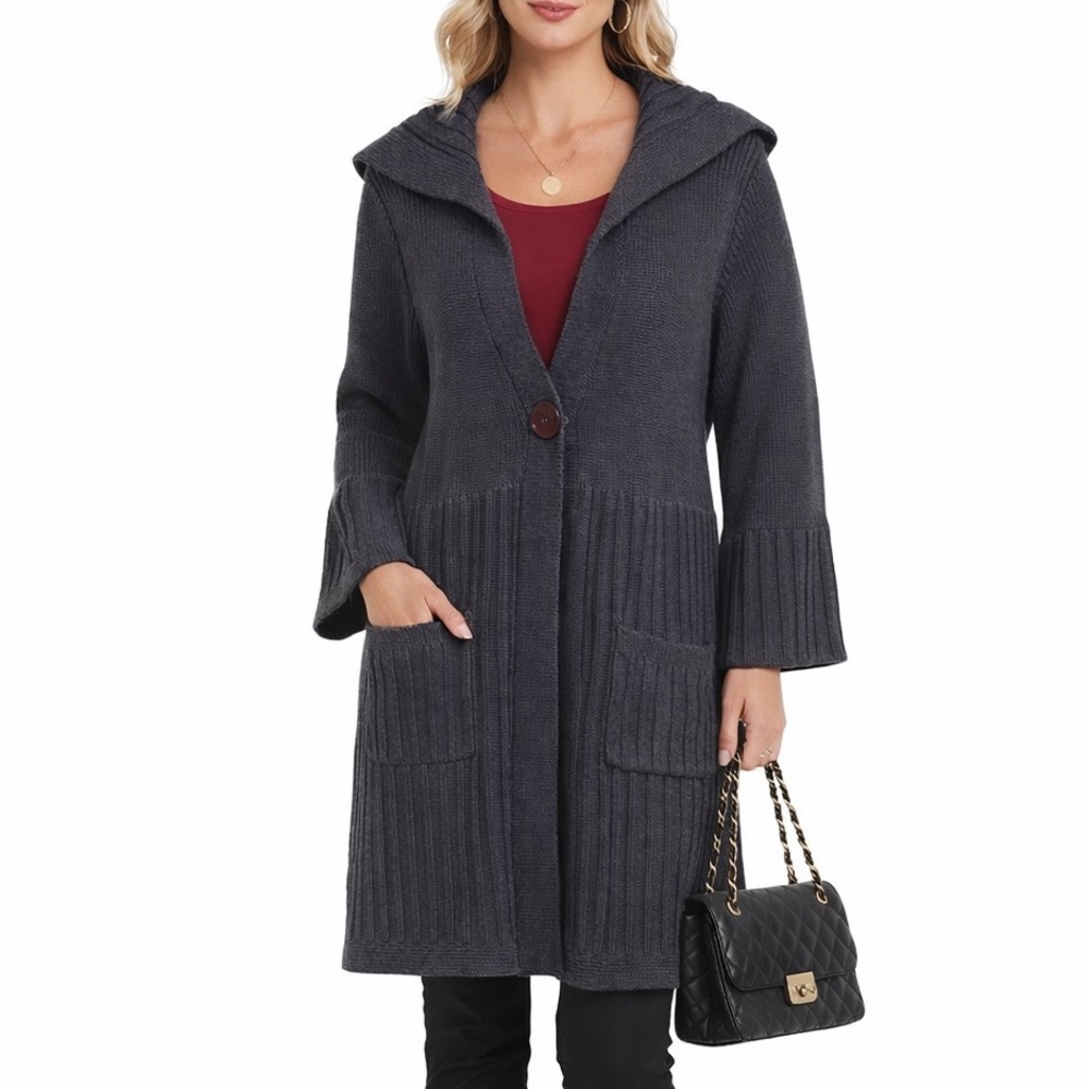 Eight Eight Eight Women M Black Cardigan  Cotton Heavy Knit Bell 3/4 sleeve